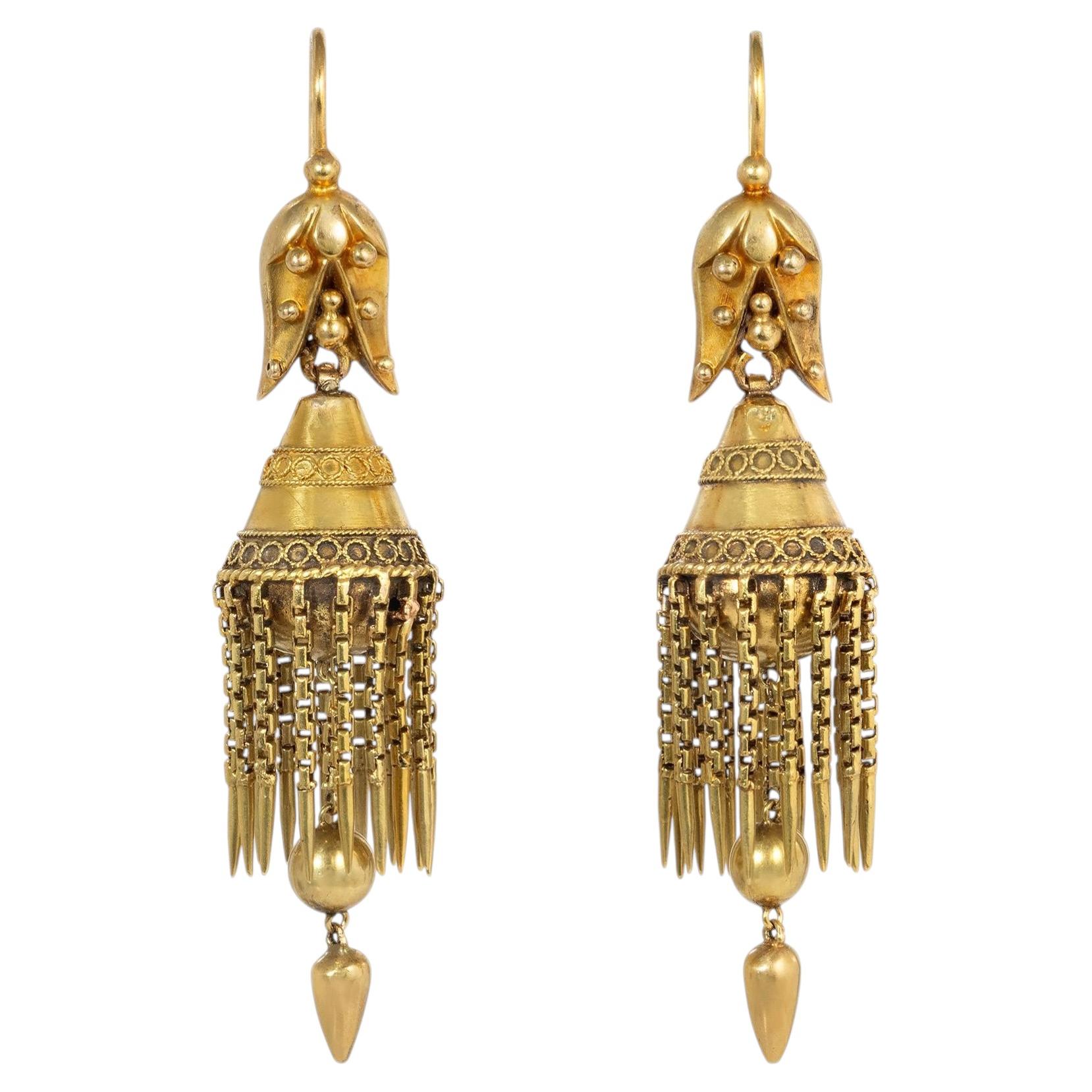 Antique gold Etruscan Revival tassel fringe earrings