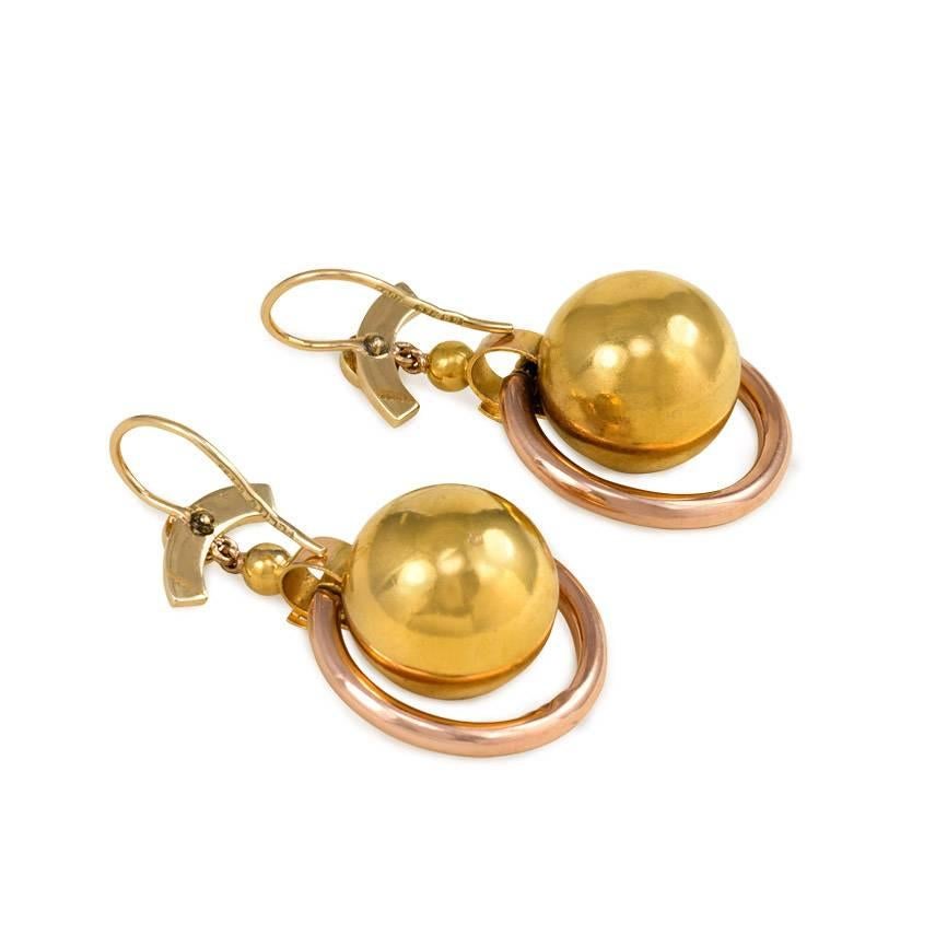 Victorian Antique Two-Color Gold Earrings with Ball Pendants