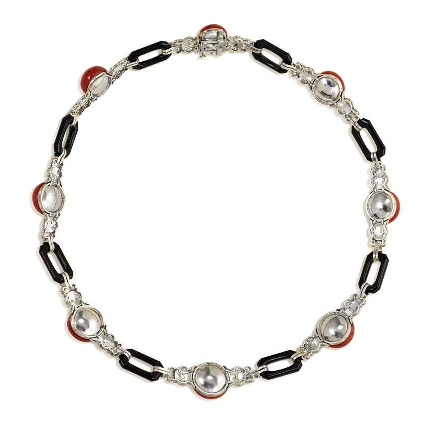 Art Deco Coral, Diamond, and Onyx Necklace In Excellent Condition In New York, NY