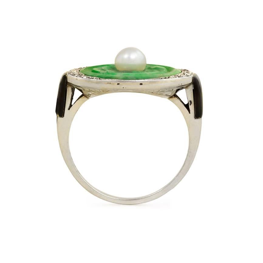 Sasportas Art Deco Jade and Pearl Ring with Diamond and Enamel Accents In Excellent Condition In New York, NY