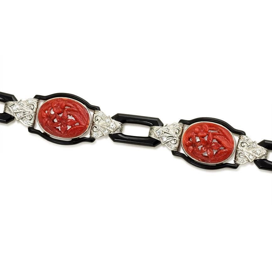 Art Deco Carved Coral, Onyx and Diamond Bracelet In Excellent Condition In New York, NY