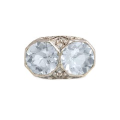 Art Deco Two-Stone Aquamarine Ring with Diamond-Set Platinum Mount