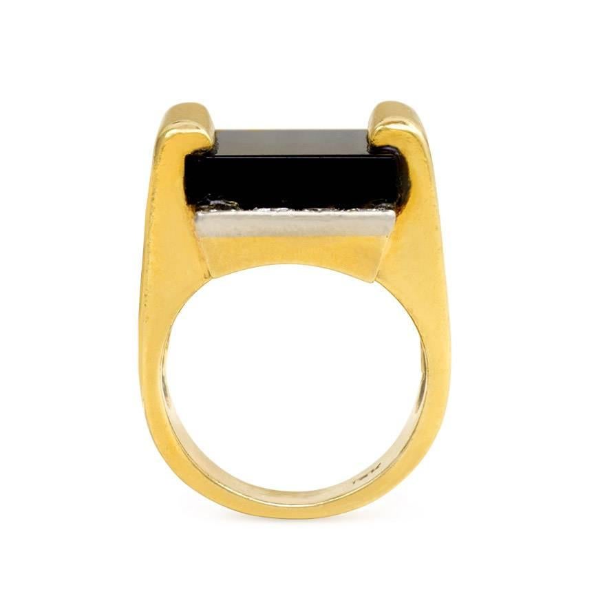 Modernist Cartier 1970s Gold Onyx Diamond Plaque Ring