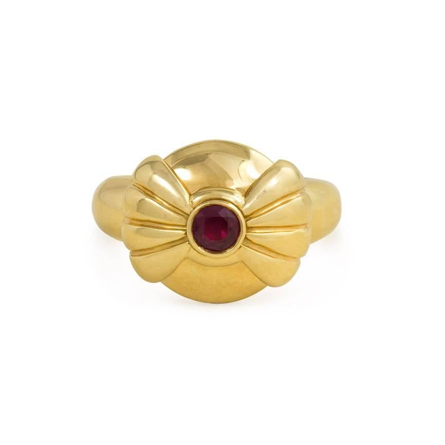 Round Cut Boucheron 1970s Gold, Diamond, and Ruby Ring with Rotating Top