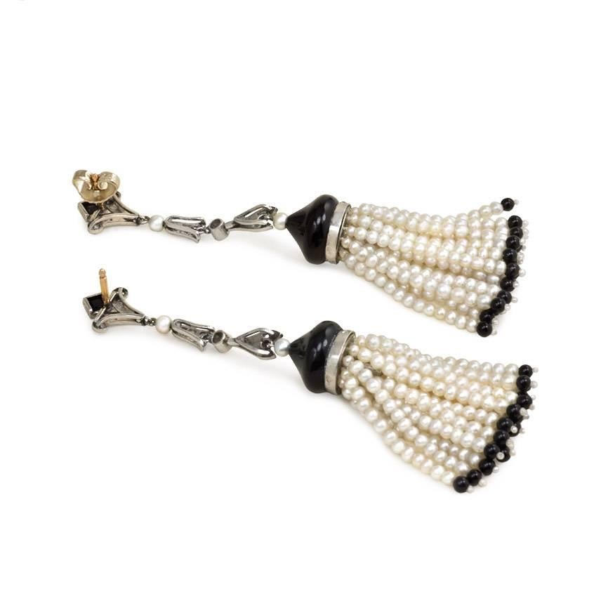 Art Deco Onyx, Diamond, and Seed Pearl Tassel Earrings In Excellent Condition In New York, NY