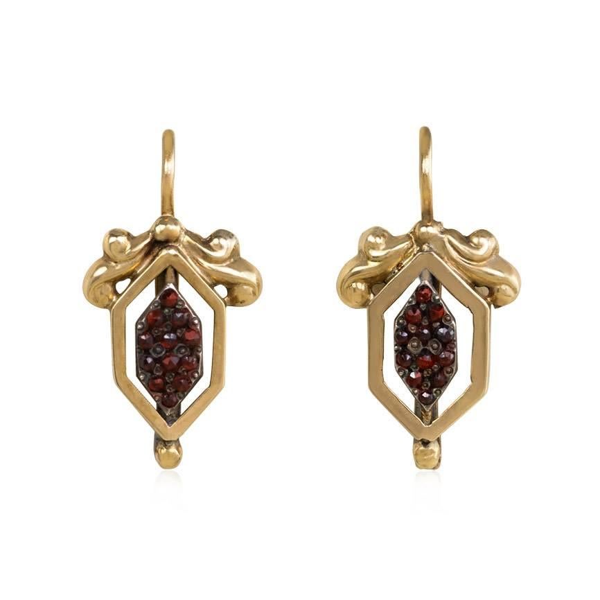 Rose Cut Antique Gold Day-to-Night Earrings with Garnet-Set Steel Panels