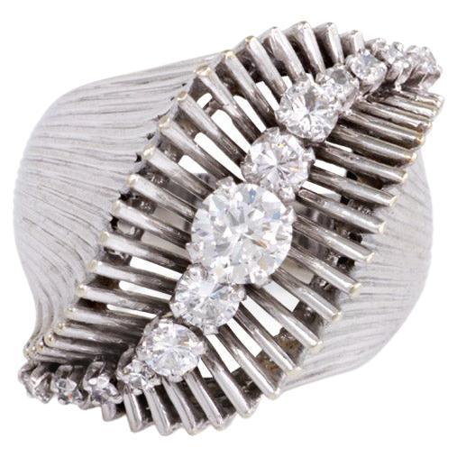 French Retro White Gold and Diamond Ring of Flared and Swirl Design For Sale