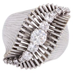 French Retro White Gold and Diamond Ring of Flared and Swirl Design