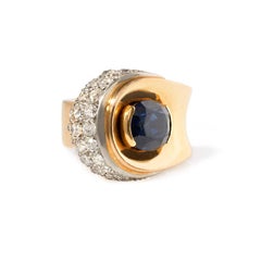 French 1940s Gold, Sapphire, and Diamond Button Design Asymmetrical Ring