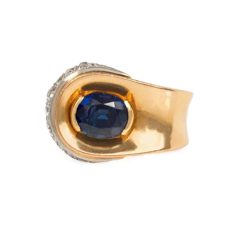 French 1940s Gold, Sapphire, and Diamond Button Design Asymmetrical ...