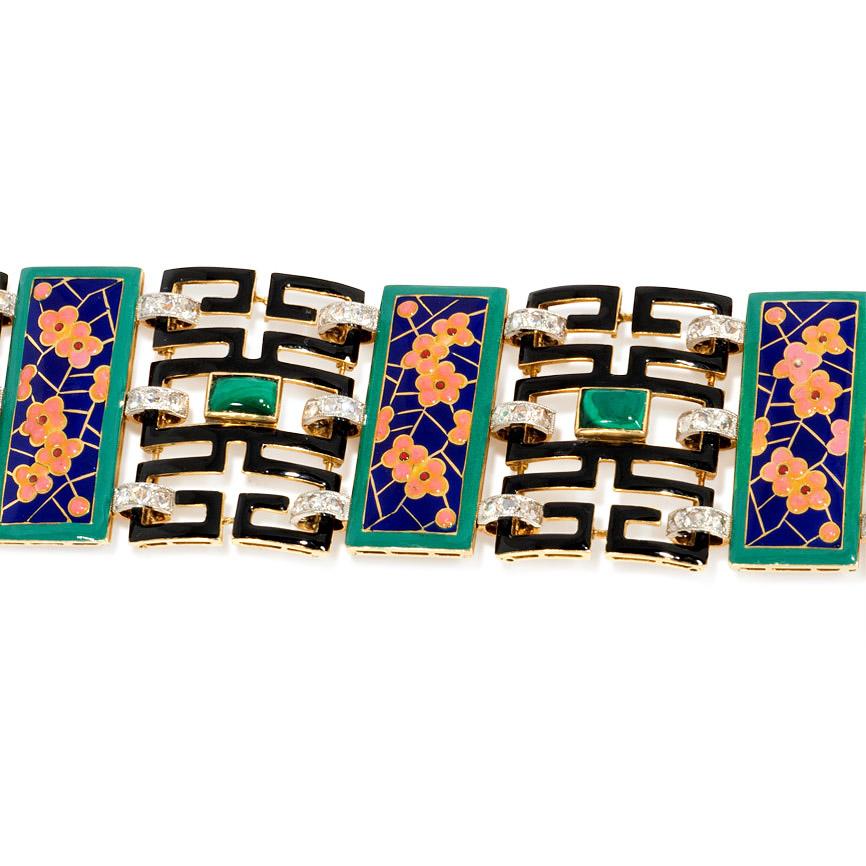 French Art Deco Chinoiserie Diamond Malachite Enamel Gold Bracelet In Good Condition In New York, NY