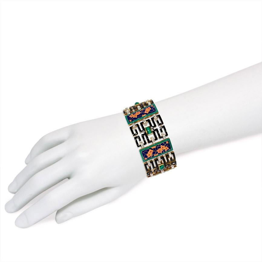 Women's or Men's French Art Deco Chinoiserie Diamond Malachite Enamel Gold Bracelet