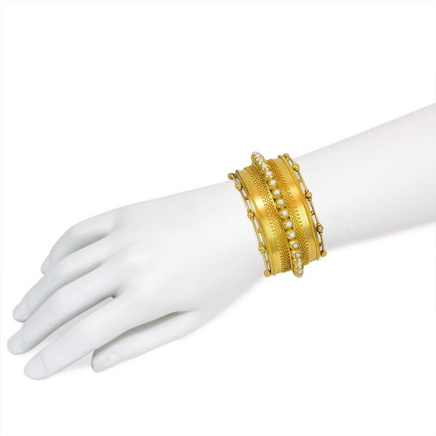 Victorian Pearl Gold Bangle Bracelet with Bead and Wirework In Excellent Condition In New York, NY