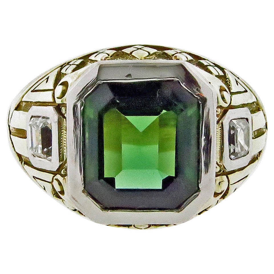 Gents Antique Tourmaline and Asscher Cut Diamond Ring