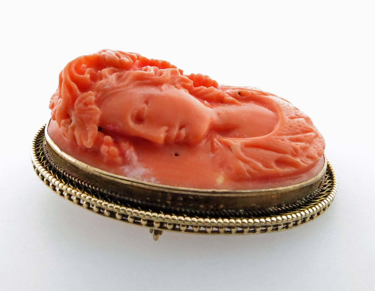 Art Nouveau Masterfully Carved Natural Coral Cameo Brooch Pendant