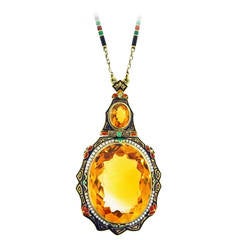 Distinctive Art Deco Enamel Citrine Pearl Gold Necklace