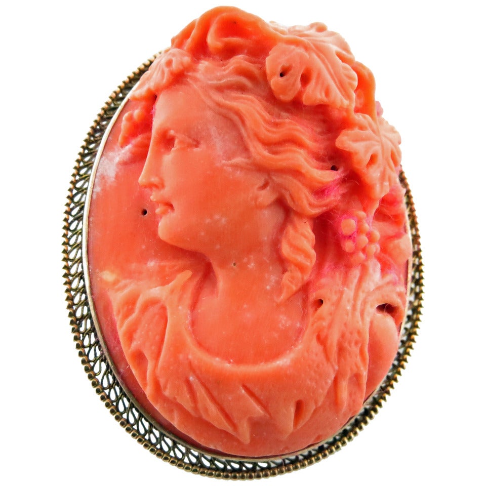 Masterfully Carved Natural Coral Cameo Brooch Pendant