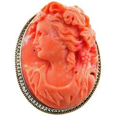 Masterfully Carved Natural Coral Cameo Brooch Pendant
