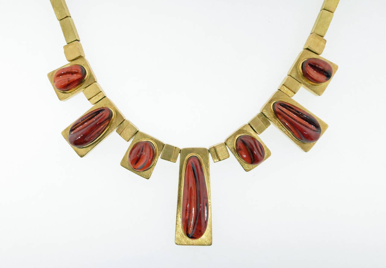 Iconic Brazilian designer Burle Marx brushed finish box link necklace with eight carved natural garnets. The necklace measures 15 1/2