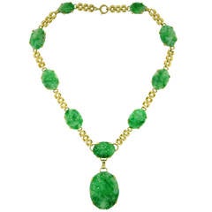 Carved Jade Gold Floral Necklace and Pendant