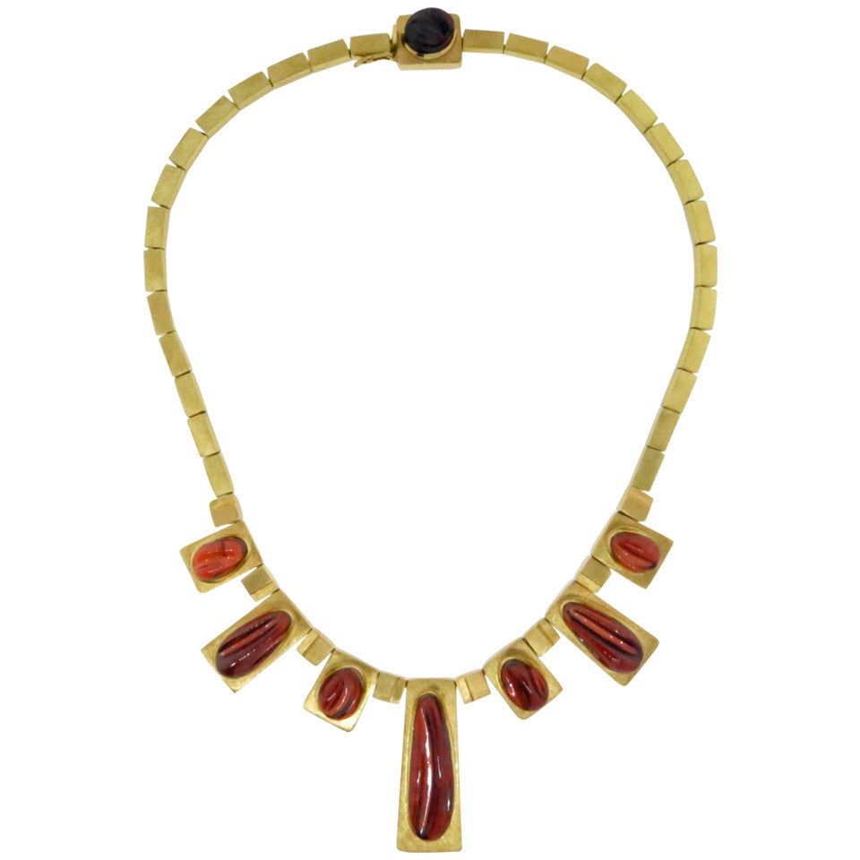 Burle Marx Carved Garnet Gold Necklace For Sale
