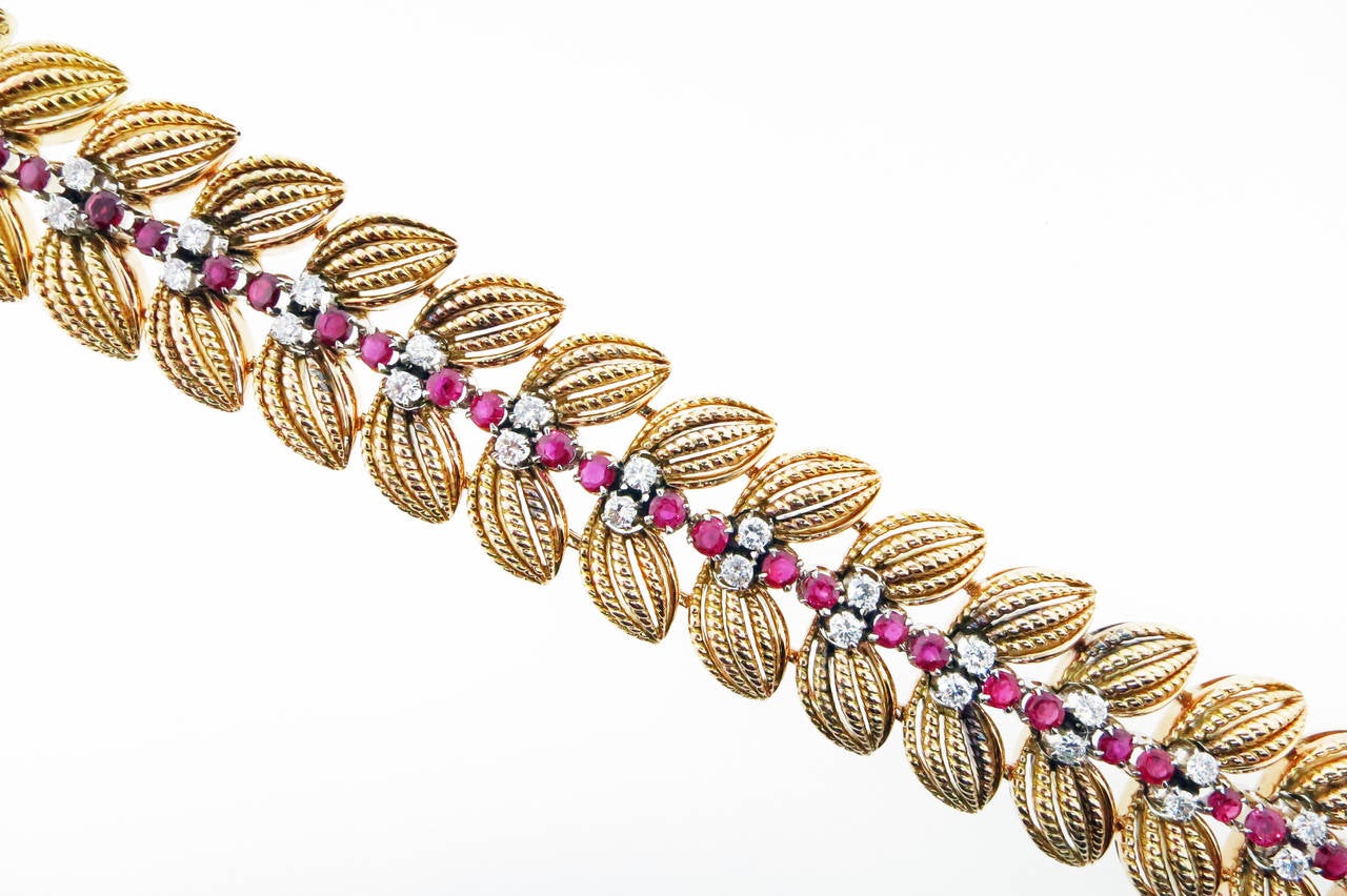 Ruby Diamond Gold Rope Leaf Bracelet circa 1960s