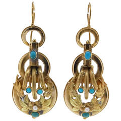 Victorian Turquoise Pearl Gold Dangle Earrings