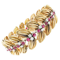 Ruby Diamond Gold Rope Leaf Bracelet circa 1960s