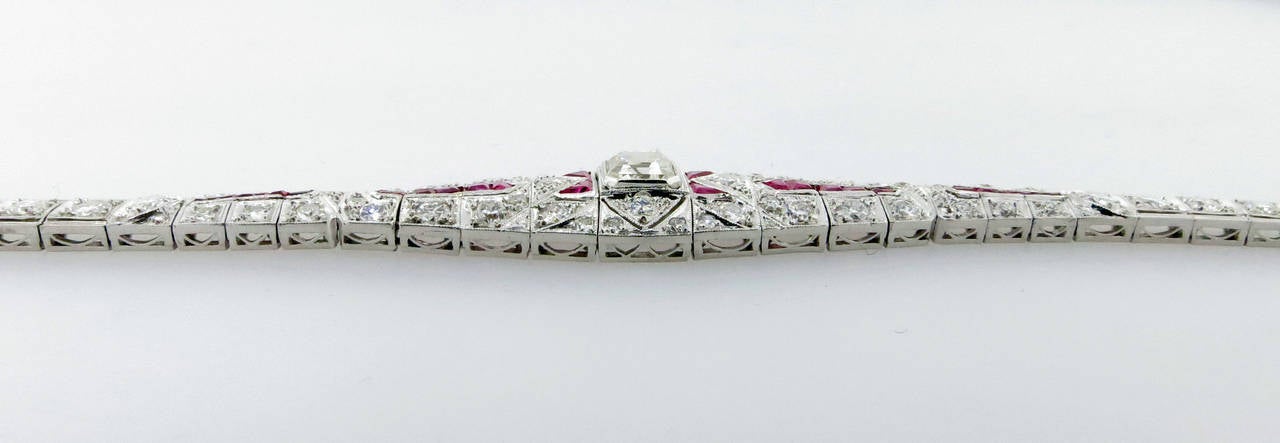 Asscher Cut Art Deco Ruby Diamond Platinum Bracelet In Excellent Condition For Sale In Lambertville, NJ