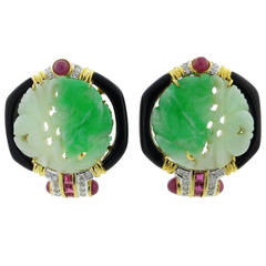 Vintage Large Jade Enamel Ruby Diamond Earrings