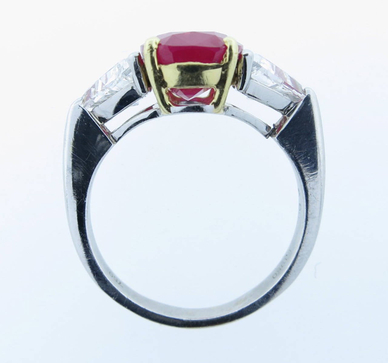 Outstanding 5.7 Carat No Heat Cushion Cut Ruby Diamond Gold Platinum Ring In Excellent Condition In Lambertville, NJ