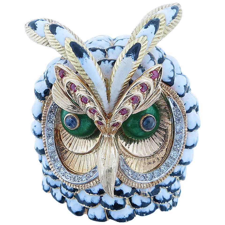 Powerful Size Enamel Ruby Sapphire Diamond Gold Owl Brooch For Sale