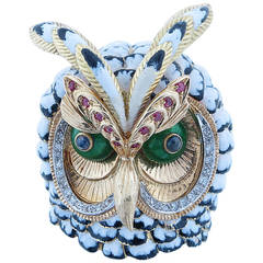 Powerful Size Enamel Ruby Sapphire Diamond Gold Owl Brooch