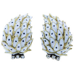 Enamel Diamond Gold Feathered Motif Earrings
