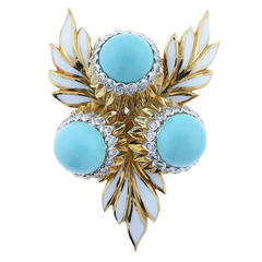 Montclair Enamel Turquoise Diamond Gold Floral Brooch