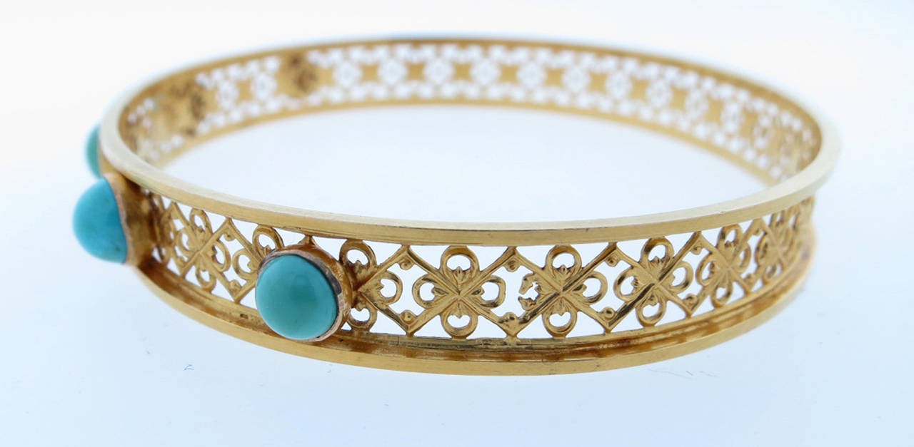 Art Nouveau Turquoise Gold Slip-On Bangle Bracelet In Excellent Condition In Lambertville, NJ