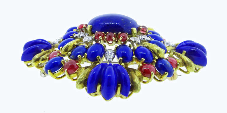 Vivid Lapis Lazuli, Ruby and Diamond Brooch In Excellent Condition In Lambertville, NJ