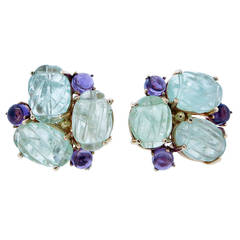 Vintage Carved Aquamarine Scarab and Amethyst Gold Earrings