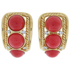 Stately Coral and Diamond Half Hoop Earrings