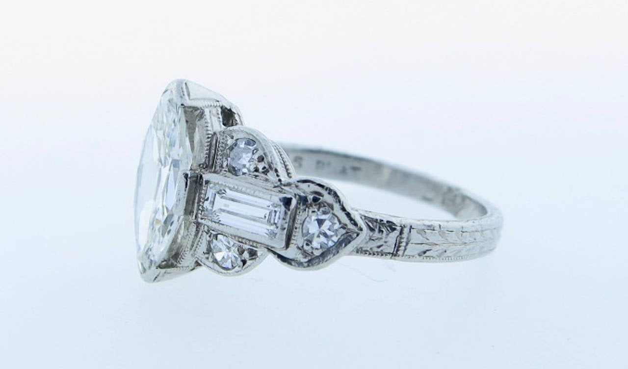 Unusual Art Deco Marquise Cut Diamond Platinum Engagement Ring