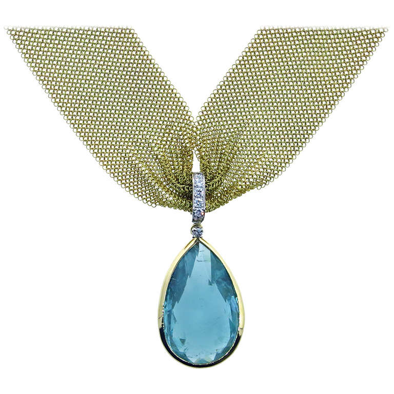 Silky Mesh Aquamarine Diamond Necklace For Sale