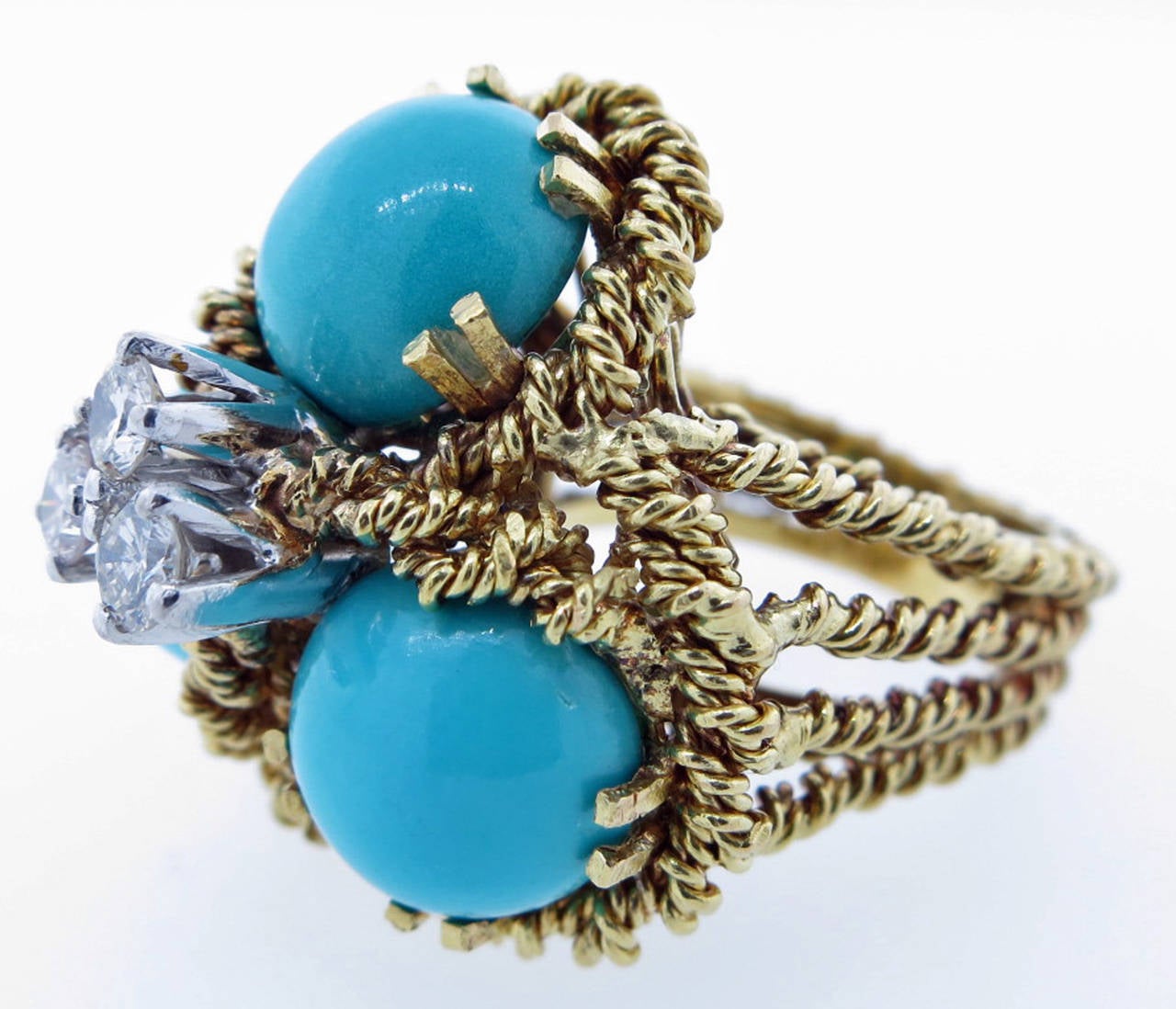 Turquoise Diamond Textured Gold Cluster Ring