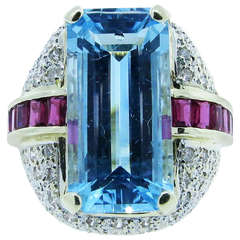 Large Aquamarine Ruby Diamond Ring