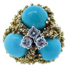 Turquoise Diamond Textured Gold Cluster Ring