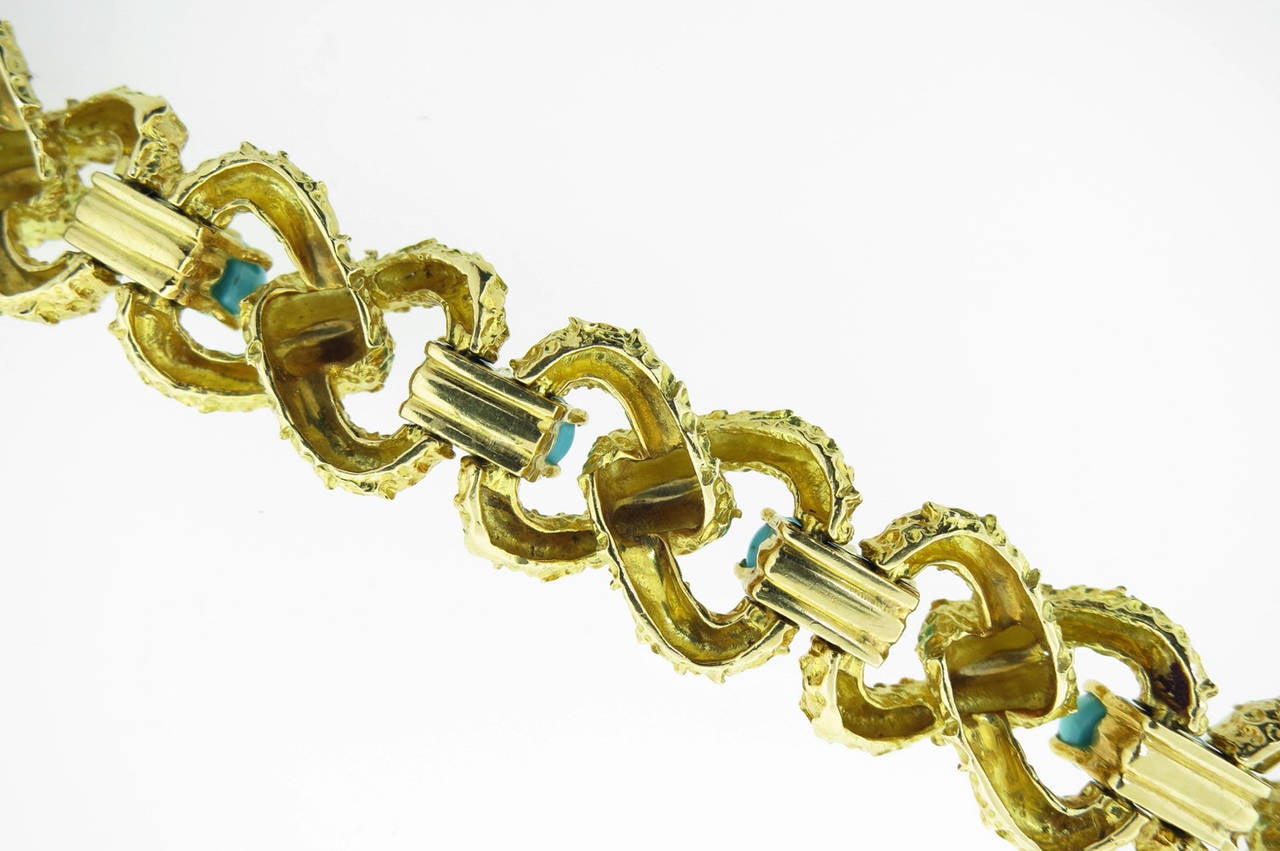 Crisp Turquoise Gold Bark Finish Link Bracelet In Excellent Condition For Sale In Lambertville, NJ