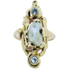 Art Nouveau River Pearl and Diamond Ring