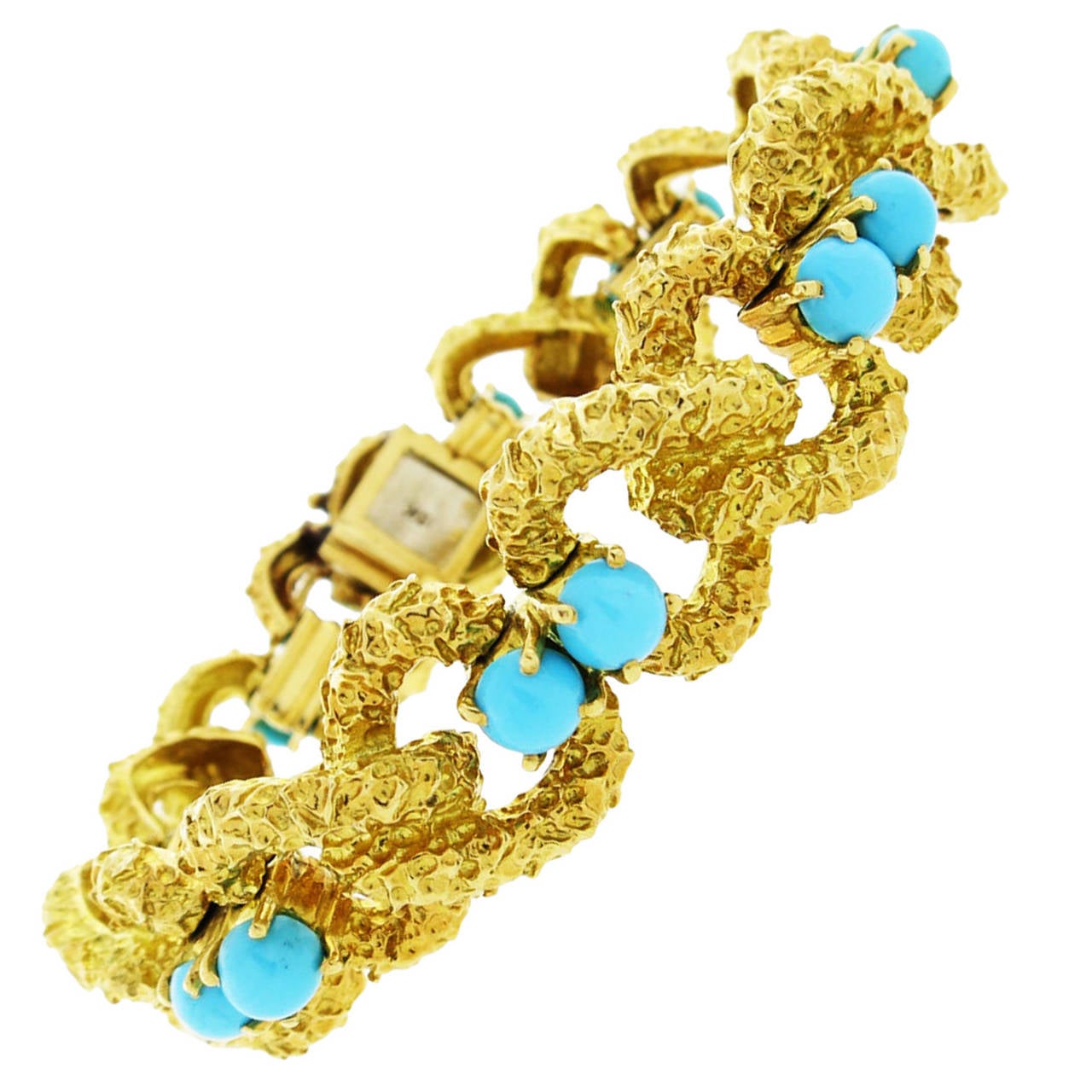 Crisp Turquoise Gold Bark Finish Link Bracelet For Sale