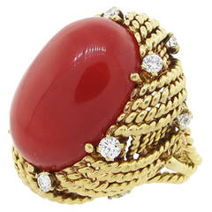 Grand Size Oxblood Coral Diamond Gold Rope Design Cocktail Ring