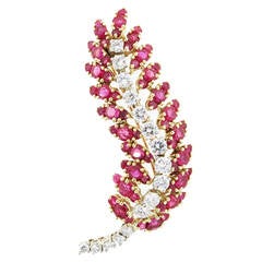 Natural Ruby and Diamond Feather Design Gold  Brooch