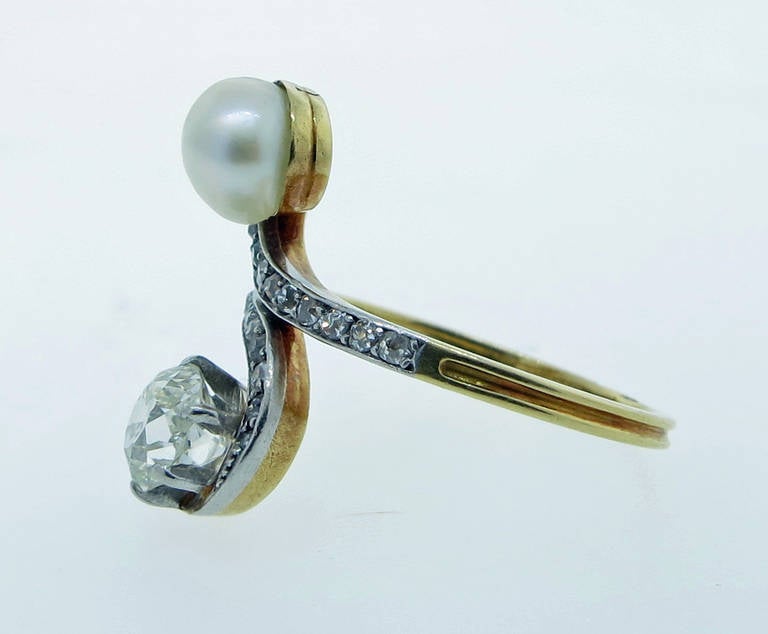 Graceful French Belle Epoque Natural Pearl and Diamond Ring